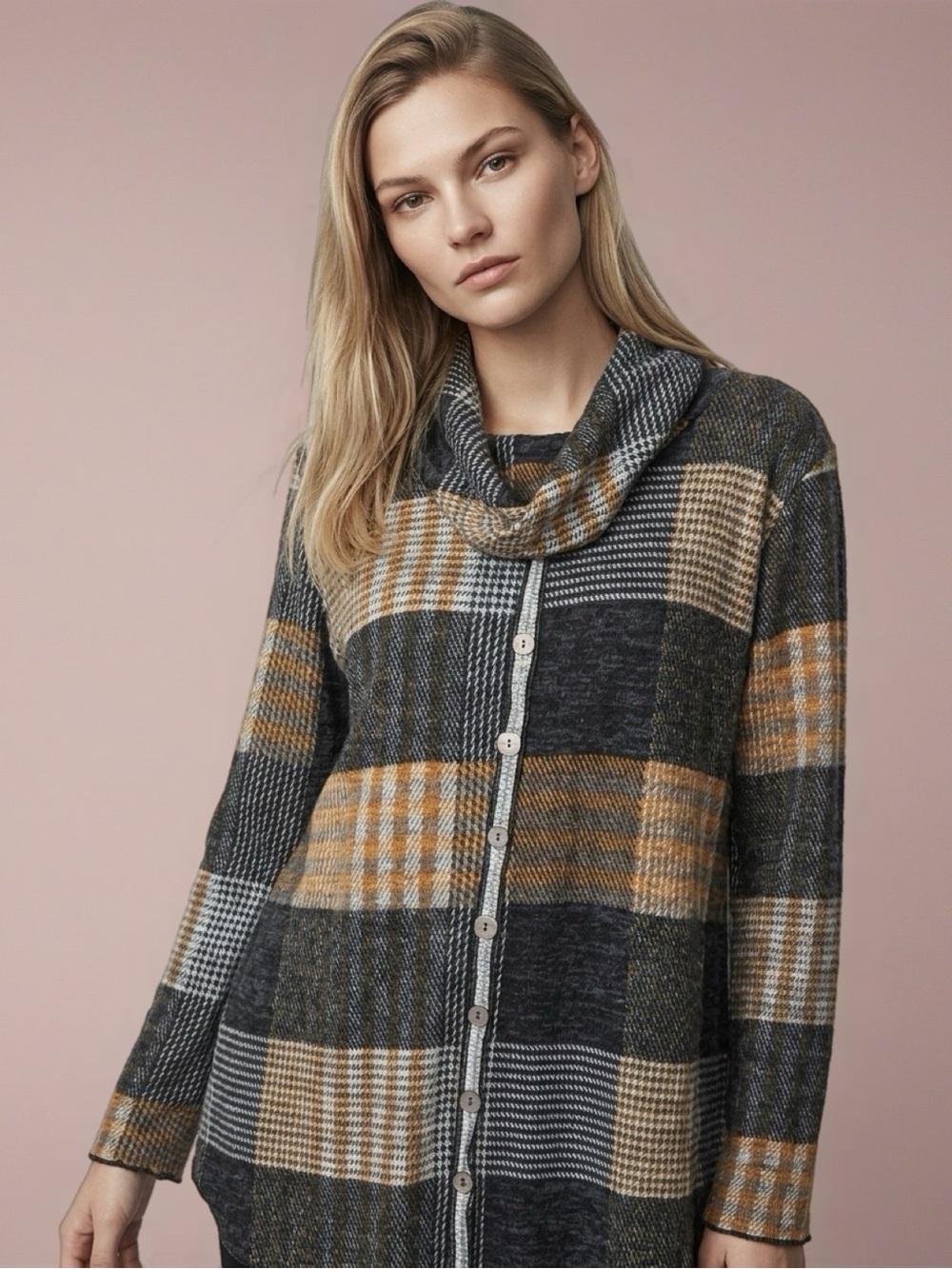 Pure Essence Plaid Cowl Neck Tunic Top Size L - Grey Mustard Button Detail Knit